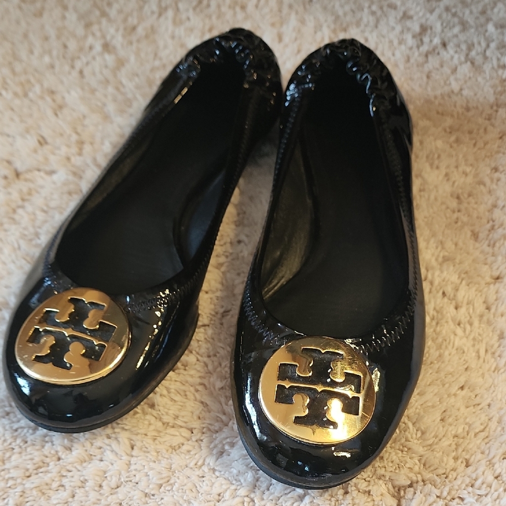 Tory Burch Glossy Black Flats with Gold Logo